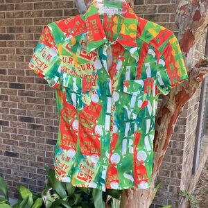 Vibrant Green & Red Graphic Short Sleeve Button-Up by vertigo 🍐🍒